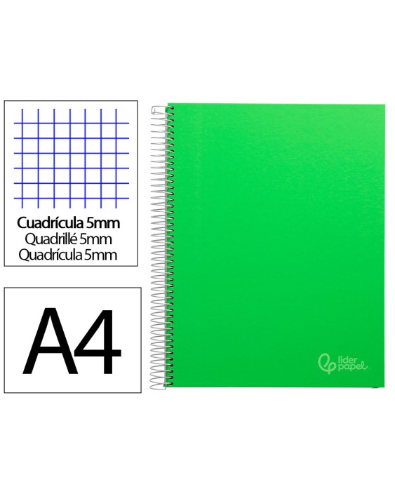 Cuaderno espiral liderpapel a4 micro jolly tapa forrada 140h 75gr cuadro 5mm 5 bandas 4 taladros color verde