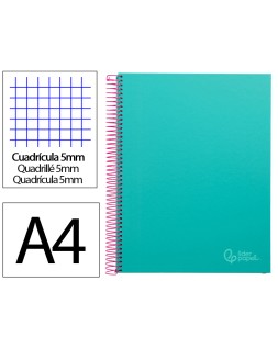 Cuaderno espiral liderpapel a4 micro jolly tapa forrada 140h 75gr cuadro 5mm 5 bandas 4 taladros color turquesa