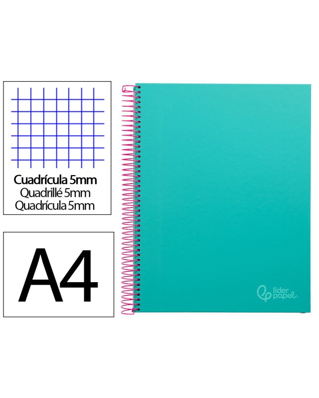 Cuaderno espiral liderpapel a4 micro jolly tapa forrada 140h 75gr cuadro 5mm 5 bandas 4 taladros color turquesa