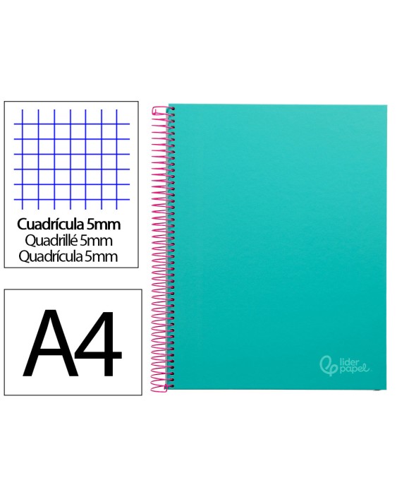 Cuaderno espiral liderpapel a4 micro jolly tapa forrada 140h 75gr cuadro 5mm 5 bandas 4 taladros color turquesa