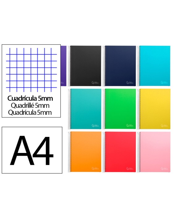 Cuaderno espiral liderpapel a4 micro jolly tapa forrada 140h 75gr cuadro 5mm 5 bandas 4 taladros colores surtidos