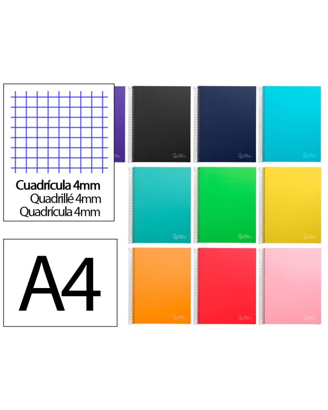 Cuaderno espiral liderpapel a4 micro jolly tapa forrada 140h 75gr cuadro 4mm 5 bandas 4 taladros colores surtidos