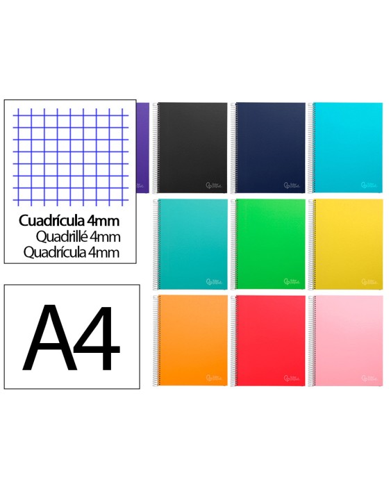Cuaderno espiral liderpapel a4 micro jolly tapa forrada 140h 75gr cuadro 4mm 5 bandas 4 taladros colores surtidos