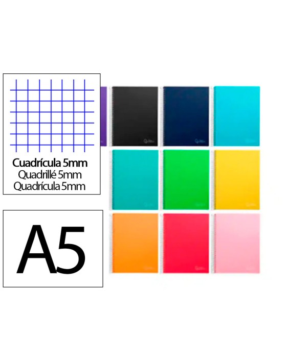 Cuaderno espiral liderpapel a5 micro jolly tapa forrada 140h 75gr cuadro 5mm 5 bandas 6 taladros colores surtidos