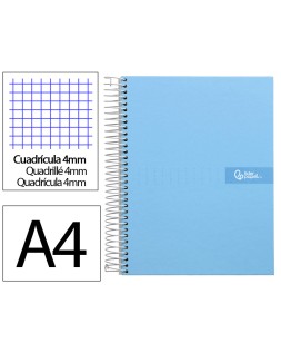 Cuaderno espiral liderpapel a4 crafty tapa forrada 80h 90gr cuadro 4mm con margen color celeste