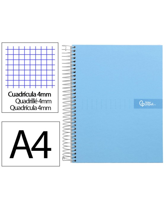 Cuaderno espiral liderpapel a4 crafty tapa forrada 80h 90gr cuadro 4mm con margen color celeste