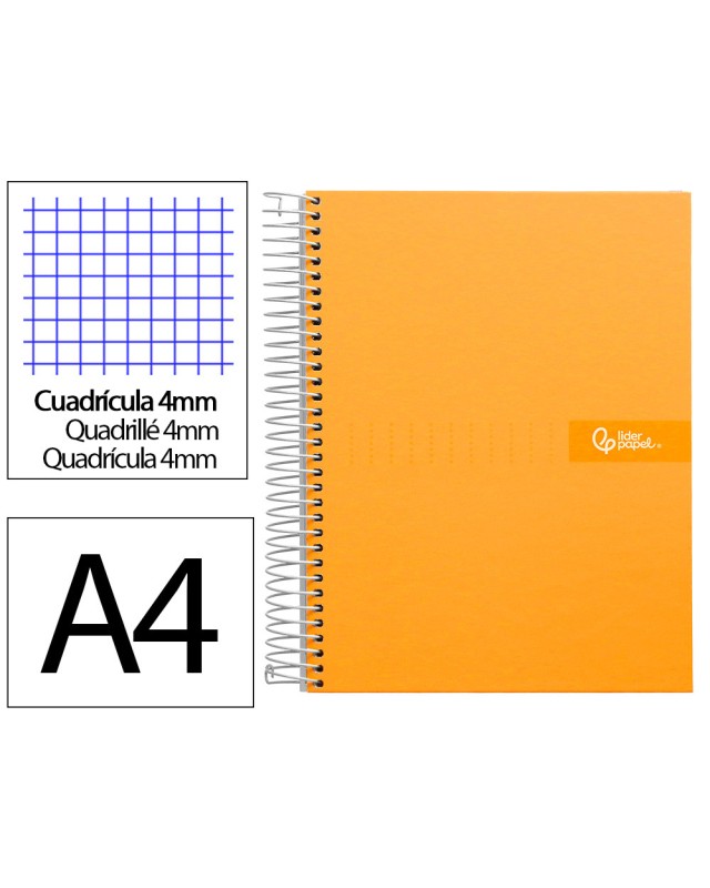Cuaderno espiral liderpapel a4 crafty tapa forrada 80h 90gr cuadro 4mm con margen color naranja