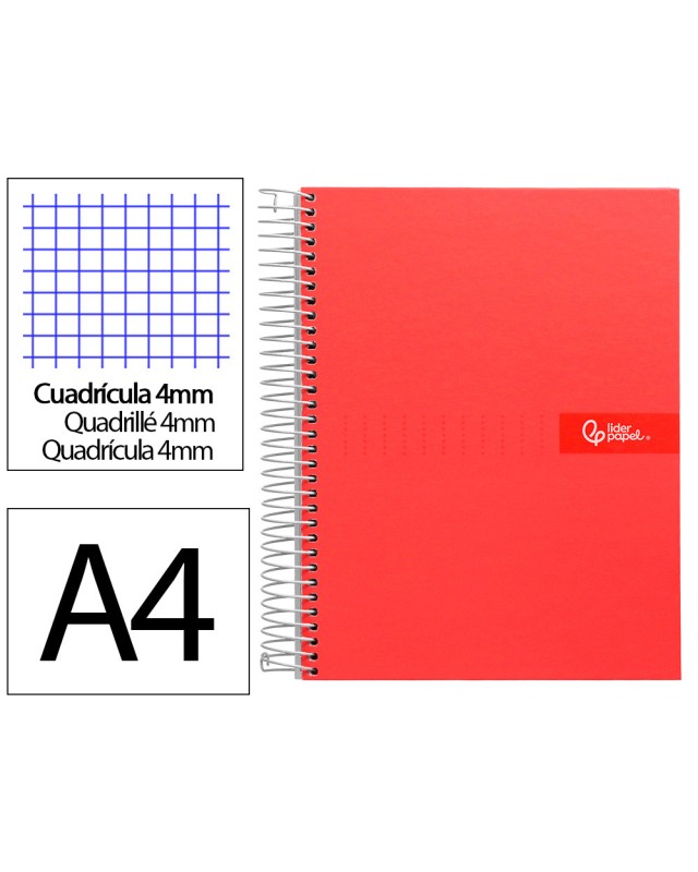 Cuaderno espiral liderpapel a4 crafty tapa forrada 80h 90gr cuadro 4mm con margen color roja