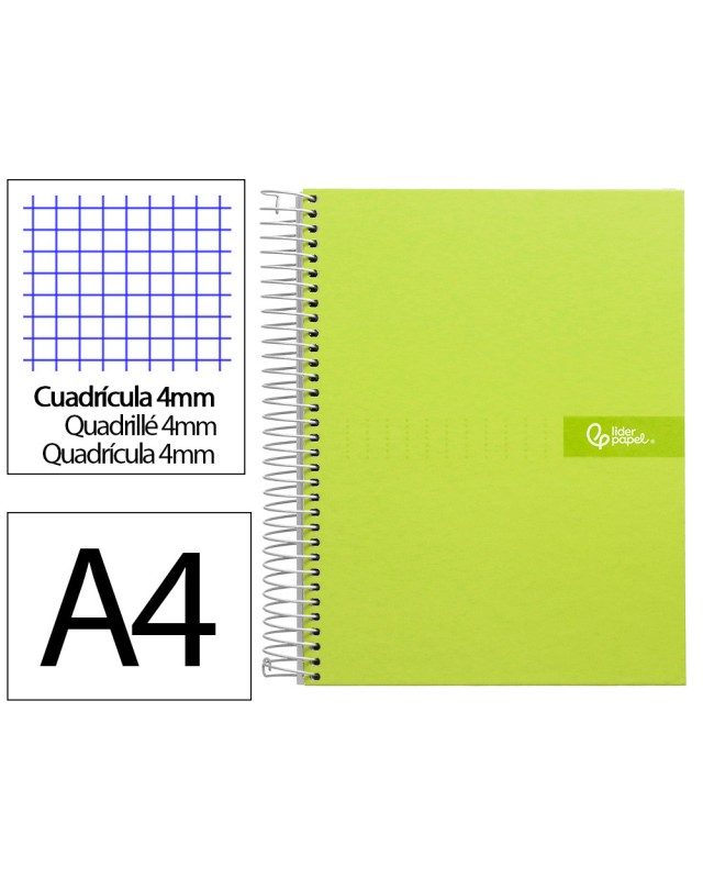 Cuaderno espiral liderpapel a4 crafty tapa forrada 80h 90gr cuadro 4mm con margen color verde