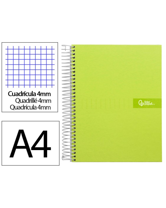 Cuaderno espiral liderpapel a4 crafty tapa forrada 80h 90gr cuadro 4mm con margen color verde