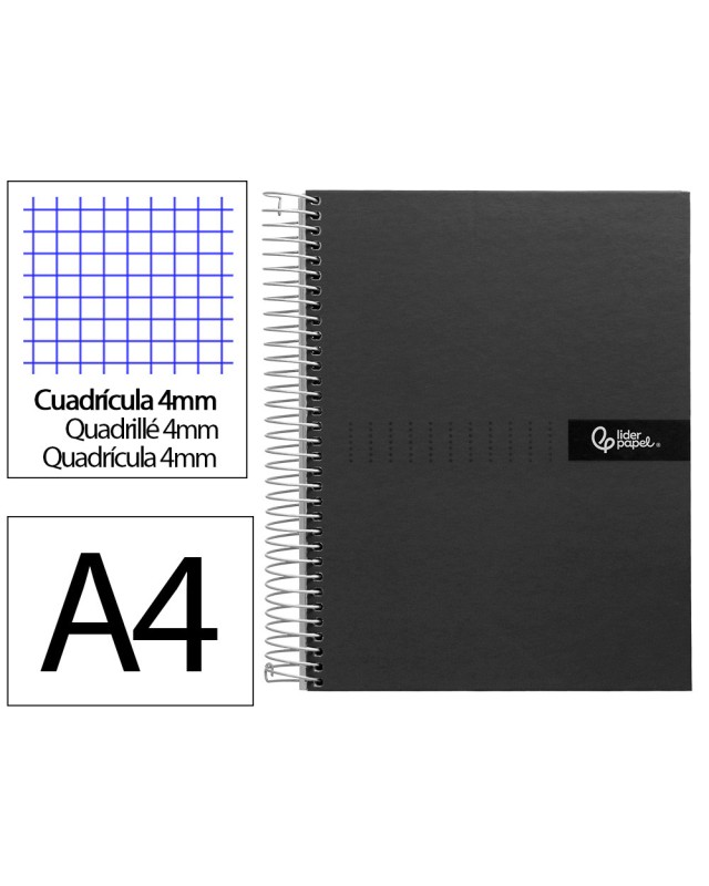 Cuaderno espiral liderpapel a4 crafty tapa forrada 80h 90gr cuadro 4mm con margen color negro