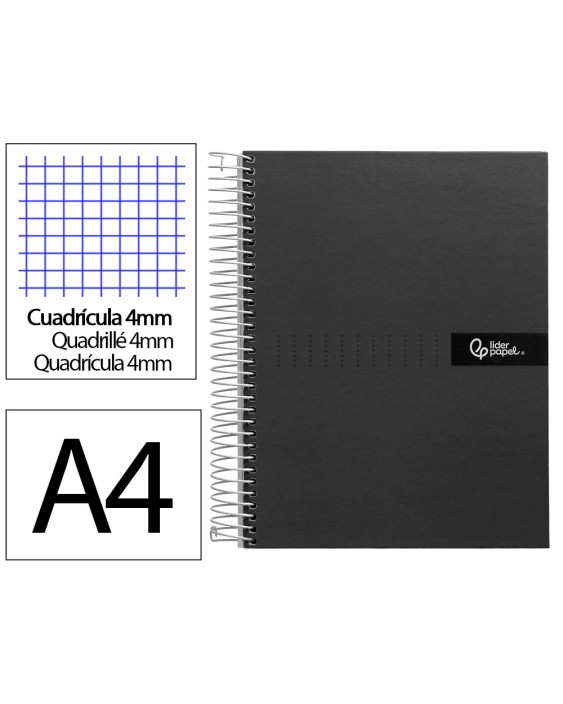 Cuaderno espiral liderpapel a4 crafty tapa forrada 80h 90gr cuadro 4mm con margen color negro