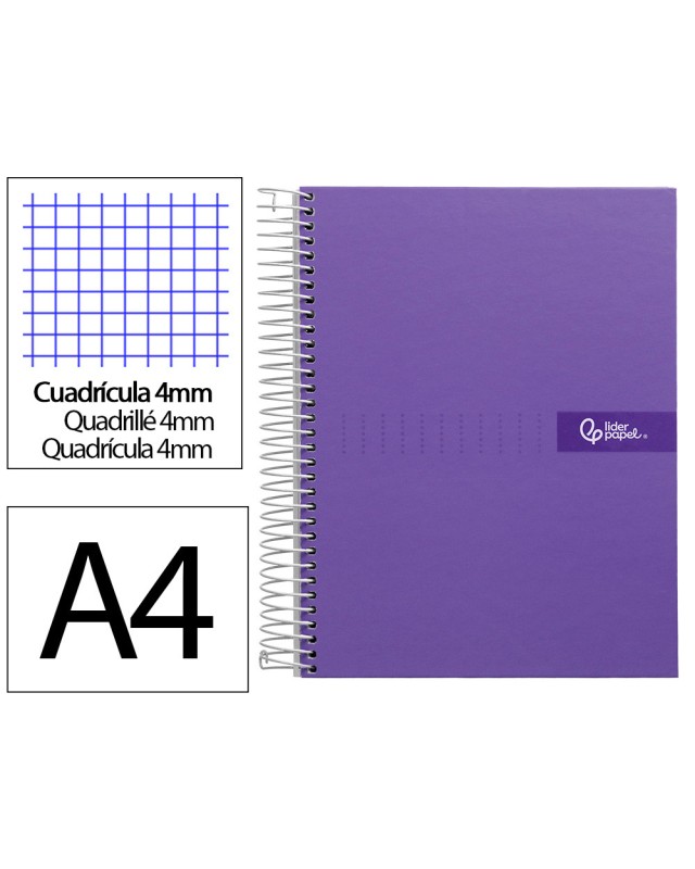 Cuaderno espiral liderpapel a4 crafty tapa forrada 80h 90gr cuadro 4mm con margen color violeta