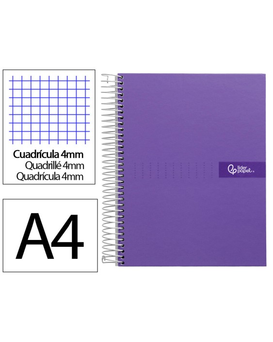 Cuaderno espiral liderpapel a4 crafty tapa forrada 80h 90gr cuadro 4mm con margen color violeta