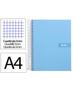 Cuaderno espiral liderpapel a4 micro crafty tapa forrada 120h 90gr cuadro 5mm 5 bandas 4 colores celeste