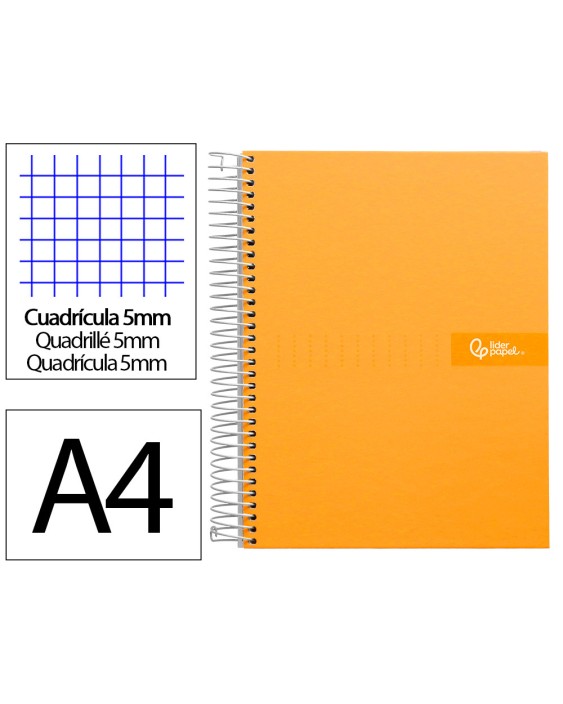 Cuaderno espiral liderpapel a4 micro crafty tapa forrada 120h 90gr cuadro 5mm 5 bandas 4 colores color naranja