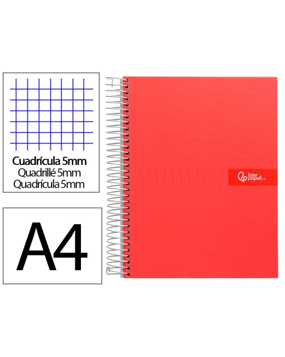 Cuaderno espiral liderpapel a4 micro crafty tapa forrada 120h 90gr cuadro 5mm 5 bandas 4 colores color rojo