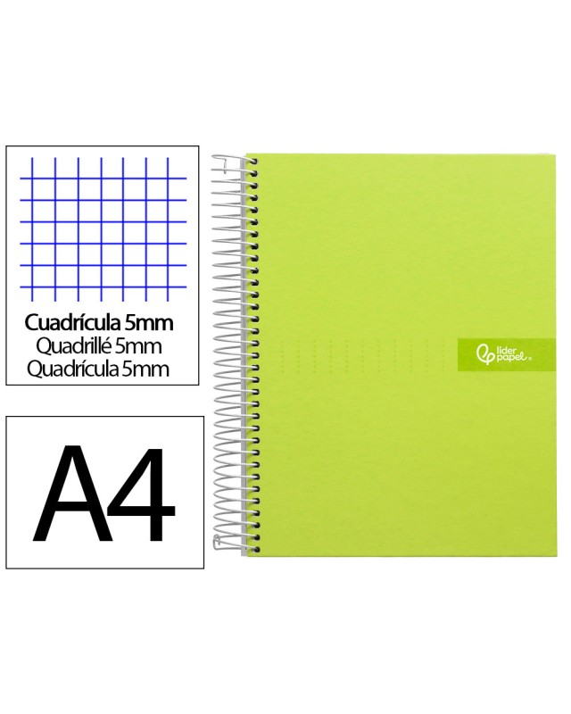 Cuaderno espiral liderpapel a4 micro crafty tapa forrada 120h 90gr cuadro 5mm 5 bandas 4 colores color verde
