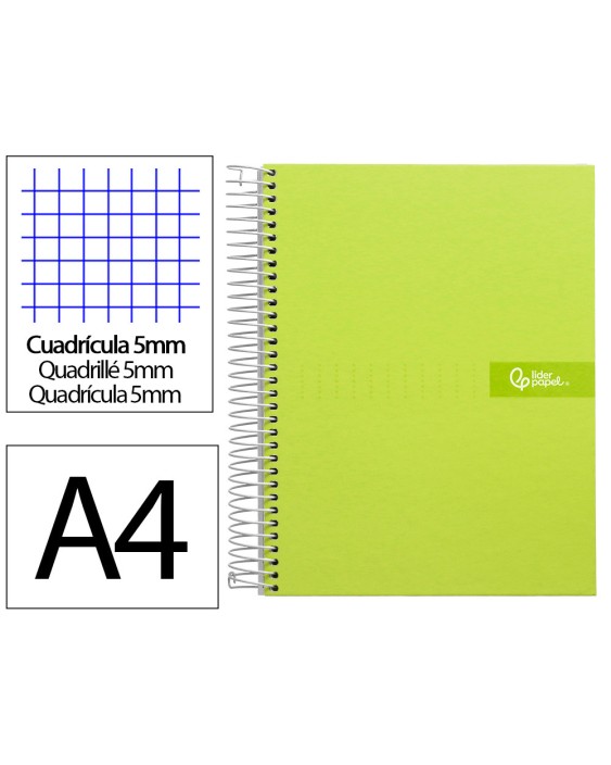 Cuaderno espiral liderpapel a4 micro crafty tapa forrada 120h 90gr cuadro 5mm 5 bandas 4 colores color verde