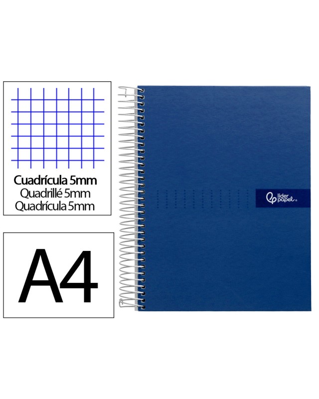 Cuaderno espiral liderpapel a4 micro crafty tapa forrada 120h 90gr cuadro 5mm 5 bandas 4 colores color azul