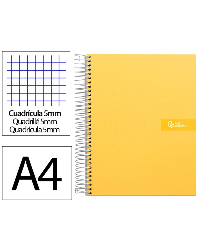 Cuaderno espiral liderpapel a4 micro crafty tapa forrada 120h 90gr cuadro 5mm 5 bandas 4 taladros color amarillo