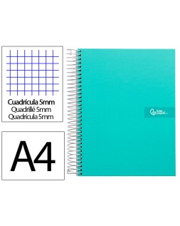 Cuaderno espiral liderpapel a4 micro crafty tapa forrada 120h 90gr cuadro 5mm 5 bandas 4 taladros color turquesa