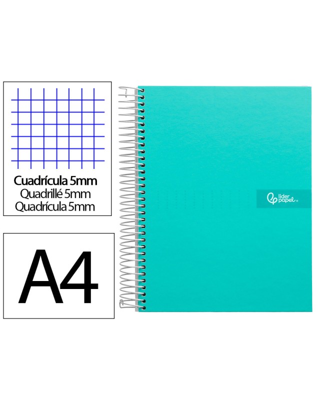 Cuaderno espiral liderpapel a4 micro crafty tapa forrada 120h 90gr cuadro 5mm 5 bandas 4 taladros color turquesa