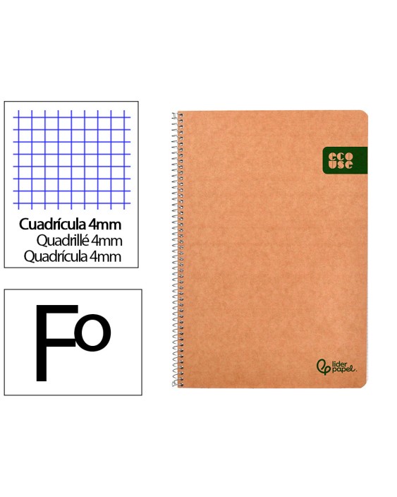 Cuaderno espiral liderpapel a4 ecouse tapa cartulina kraft 80h papel reciclado 80gr cuadro 4mm con margen