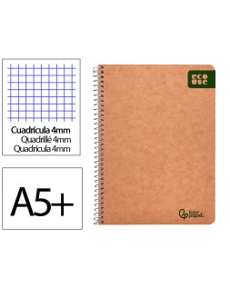 Cuaderno espiral liderpapel a5 ecouse tapa cartulina kraft 80h papel reciclado 80gr cuadro 4mm