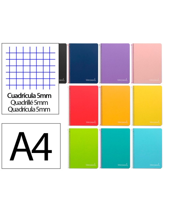 Cuaderno espiral liderpapel a4 witty tapa dura 80h 90gr cuadro 5mm con margen colores surtidos