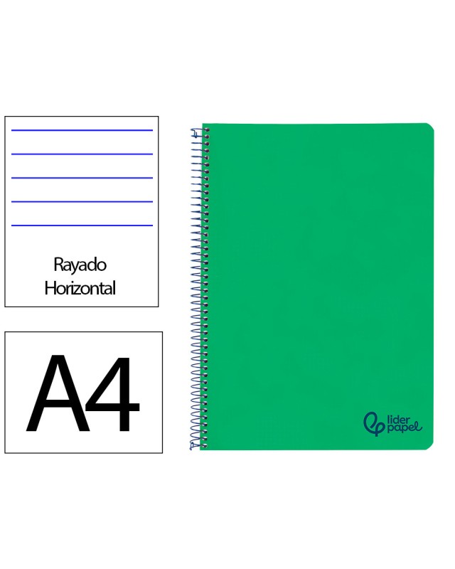 Cuaderno espiral liderpapel a4 wonder tapa plastico 80h 90gr rayado horizontal con margen color verde oscuro