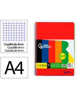 Cuaderno espiral liderpapel a4 wonder tapa plastica 80h 90gr cuadro 4mm con margen pack 5+1 colores surtidos