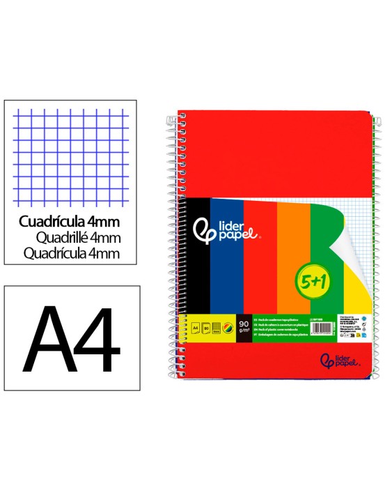 Cuaderno espiral liderpapel a4 wonder tapa plastica 80h 90gr cuadro 4mm con margen pack 5+1 colores surtidos