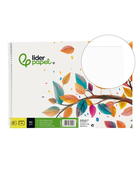 Bloc dibujo liderpapel escolar espiral 230x325mm 20 hojas 90 gr/m2 sin recuadro