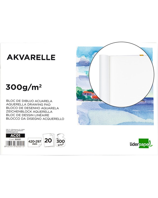 Bloc dibujo liderpapel acuarela encolado 297x420mm 20 hojas 300g m2 sin recuadro