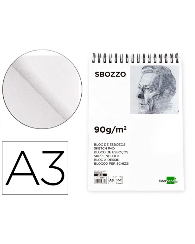 Bloc dibujo liderpapel esbozos espiral a3 297x420mm 100 hojas 90 g sin recuadro