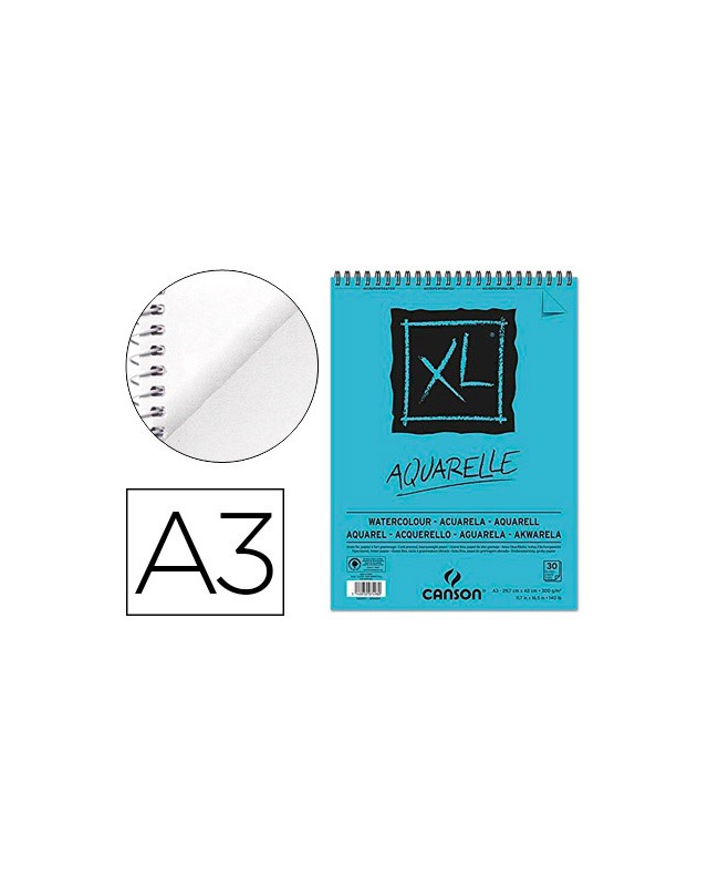 Bloc dibujo acuarela canson xl aquarelle grano fino din a3 microperforado espiral 29,7x42 cm 30 hojas 300 gr/m2