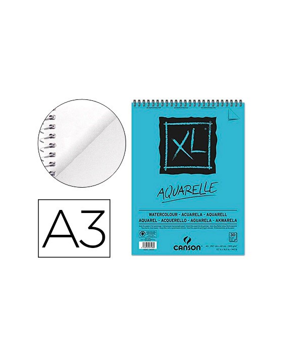 Bloc dibujo acuarela canson xl aquarelle grano fino din a3 microperforado espiral 29,7x42 cm 30 hojas 300 gr/m2