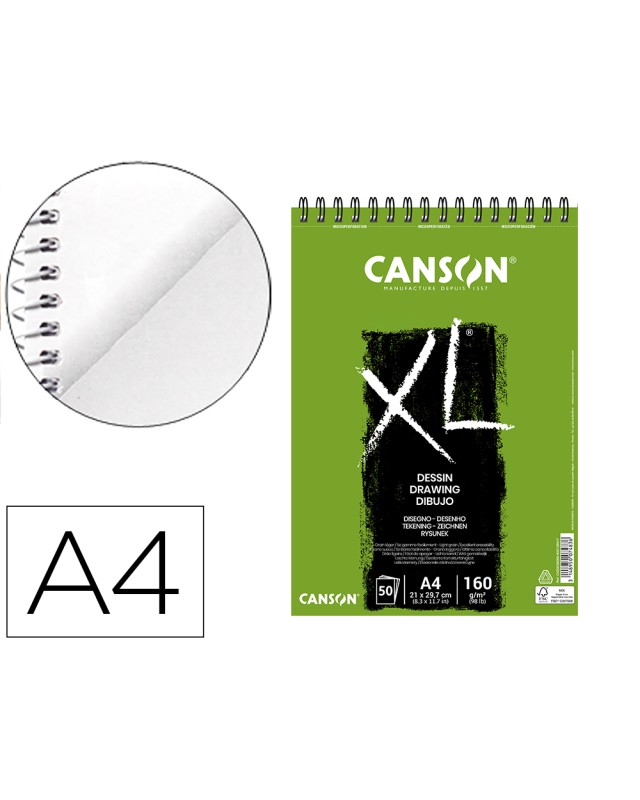 Bloc dibujo canson xl dessin din a4 liso microperforado espiral 21x29,7 cm 50 hojas 160 gr/m2