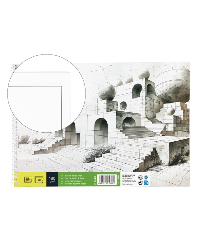 Bloc dibujo liderpapel lineal espiral 230x325mm 20 hojas 180 gr/m2 con recuadro perforado