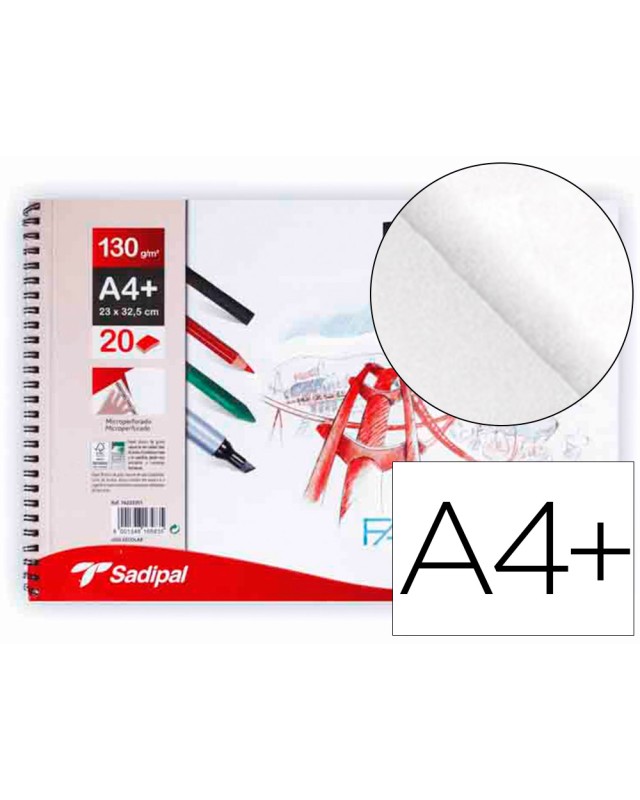 Bloc dibujo sadipal fabriano din a4+ espiral 20 hojas 130g/m2 grano suave microperforado liso