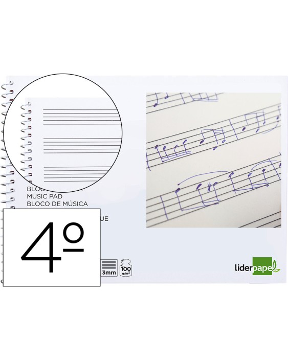 Bloc musica liderpapel pentagrama 3mm cuarto 20 hojas 100g/m2