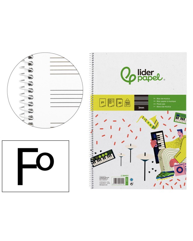 Bloc musica liderpapel pentagrama 3mm folio 20 hojas 100g/m2