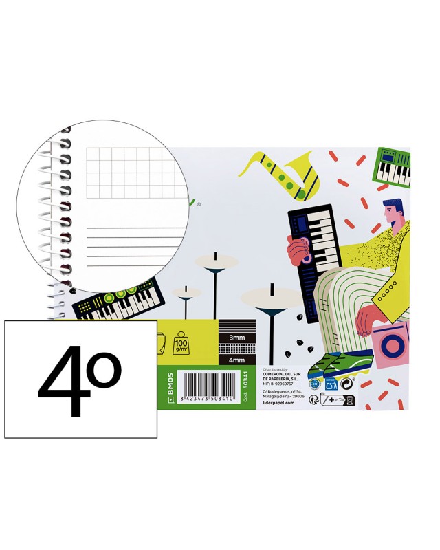 Bloc musica liderpapel combi pentagrama 3mm mas cuadricula de 4mm para anotaciones cuarto20 hojas 100g/m2