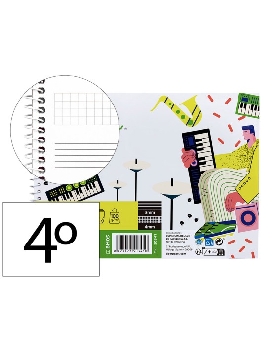Bloc musica liderpapel combi pentagrama 3mm mas cuadricula de 4mm para anotaciones cuarto20 hojas 100g/m2