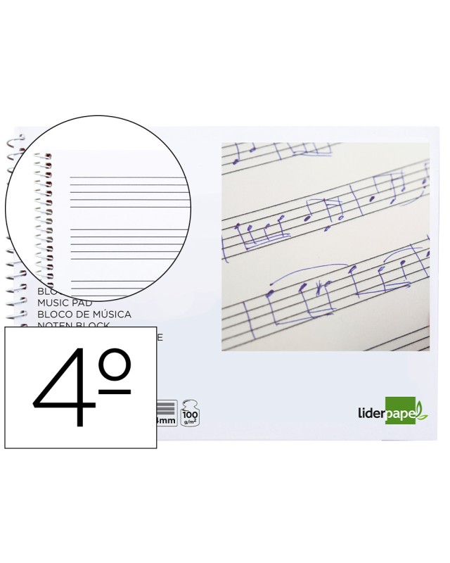 Bloc musica liderpapel pentagrama 4mm cuarto 20 hojas 100g/m2