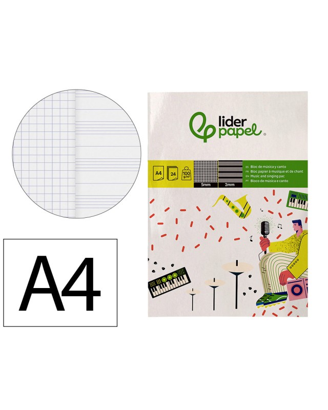 Bloc musica y canto liderpapel pentagrama interlineado 2 mm cuadricula 5mm din a4 24 hojas 100g/m2