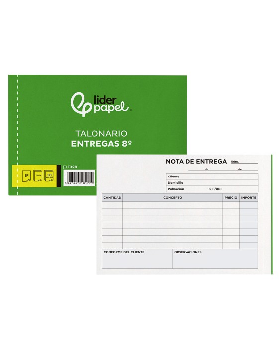 Talonario liderpapel entregas 8º original y 2 copias t328 apaisado