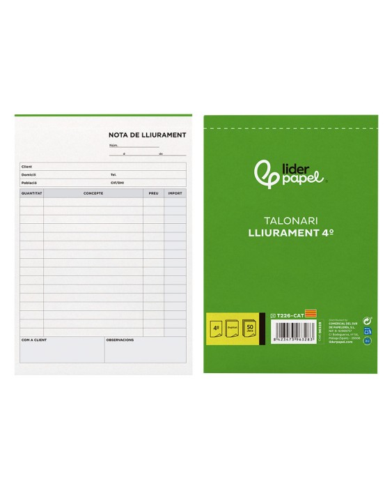 Talonario liderpapel entregas cuarto original y copia t226 texto en catalan