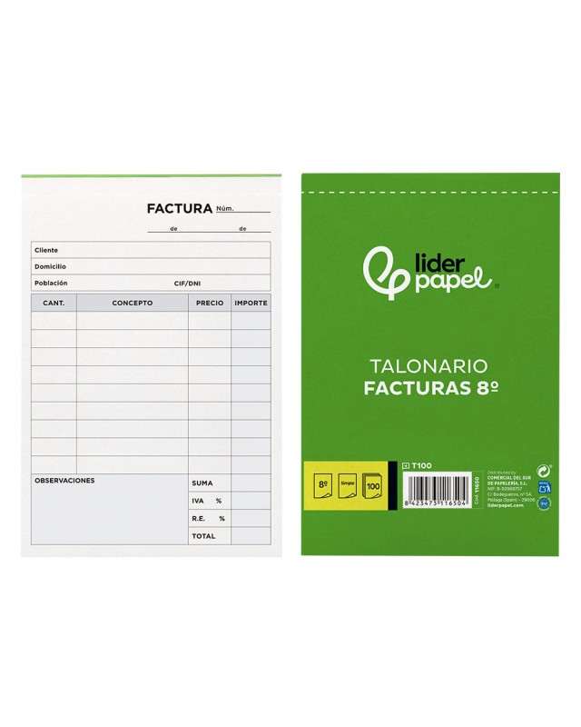 Talonario liderpapel facturas 8º original t100 con i.V.A